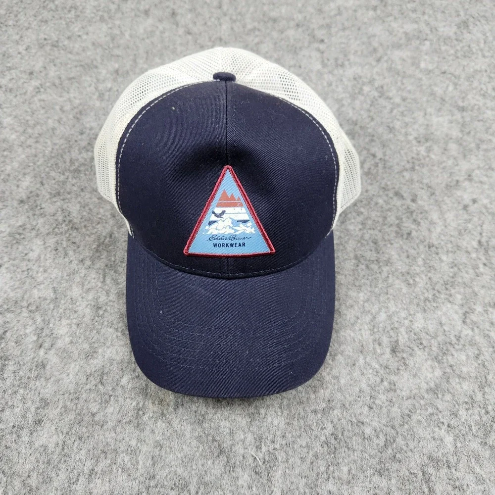 Eddie Bauer Workwear Trucker Hat Men Navy Blue Mesh Snapback Mountain Patch Cap
